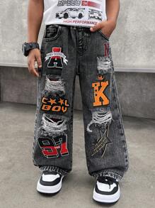 SHEIN Toddler/Young Boys' Stonewashed Graffiti Letter Print Ripped Frayed Loose Fit Straight Leg Black Denim Pants Jeans For Kids Clothes Boys Costume Streetwear And Kids Four Seasons Clothes - Black - View 5