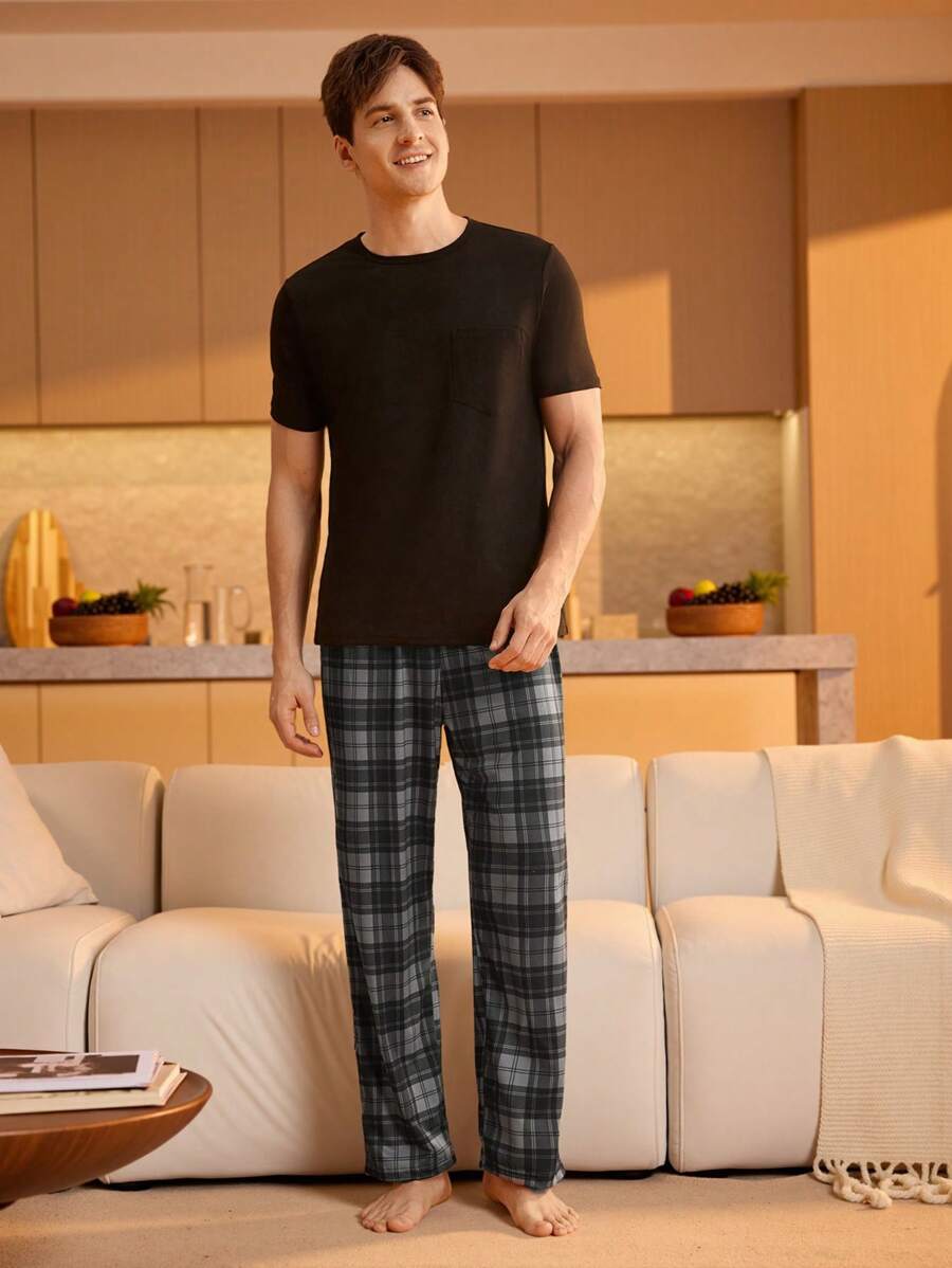 SHEIN 男士格子松紧腰宽松直筒休闲裤睡衣，秋冬款