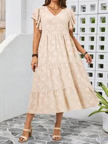 大码短袖连衣裙，时尚夏装 - 杏色 - 查看 7