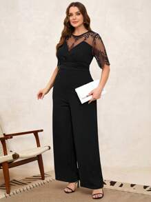 Reflora Curvy Plus Size 女士黑色优雅蕾丝拼接短袖连体裤，女士度假装，女士夏装，女士商务休闲装，外出装，女士办公室装，女士春装，节日装，复古装，女士连体裤，女士优雅连体裤，女士教师装，连体裤，单色 - 黑色 - 查看 6