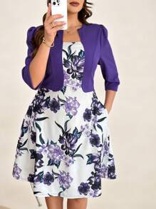 SHEIN Clasi Plus Size Contrast Color Patchwork Floral Print Puff Sleeve Dress - Purple - View 6