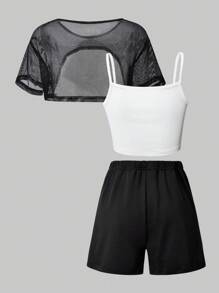 3 Pieces Set For Tween Girls: Casual Summer Mesh Top T-Shirt, Printed Cami, And Shorts - Sporty, Daily, And School Fashion Style - Black - View 2