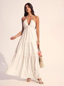 SHEIN Tall Váy chữ A hở lưng xếp ly cổ chữ V in hoa lãng mạn cho kỳ nghỉ bãi biển mùa hè Hawaii dành cho nữ - Màu be - Xem 6