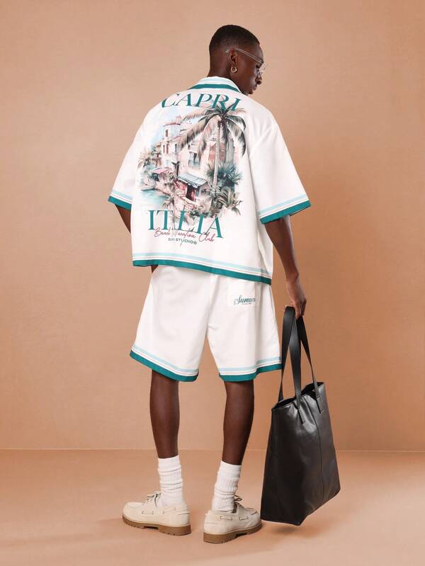 SUMWON Summer Beach Club Capri Italia Resort Wear Boxy Elbow Sleeve Coordinated Shirt Set Vacation Mediterranean Holiday Palm Print Weekender