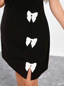 Chikora Đầm midi tay ngắn cổ tròn trang trí nơ thanh lịch cỡ lớn, trang phục mùa hè cho phụ nữ, váy mùa hè cho phụ nữ, váy dạ hội, váy mùa hè, váy đen, váy tốt nghiệp, váy dự tiệc cưới cho phụ nữ, váy sinh nhật cho phụ nữ - màu đen - Xem 5