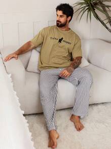 DAZY Summer Cat & Letter Print Colorful T-Shirt With Men's Pajama Set - Multicolor - View 5