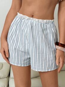 Roylia Women's Waist With Ruffle Trim Striped Shorts - Blue and White - View 1