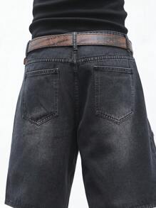 Manfinity EMRG Short de mezclilla para hombres con bolsillos grandes, cargo holgado, color negro liso para salir, estilo rapero (jorts) - Negro - Ver 6