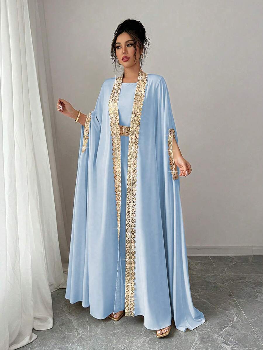 Rafferiza Women's Elegant 2 Pieces Set: Caped Batwing Sleeve Robe And Dress - Blue - View 1