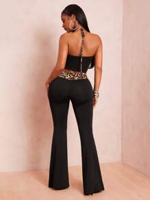 Radiana 2pcs/Set Women Y2K Casual Street Style Black Patchwork Leopard Print Camisole Top And Super Low Waist Long Pants, Spring/Summer - Black - View 2