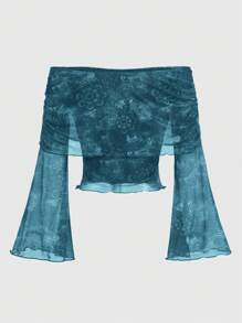 ROMWE Hippie Blusa de moda con estampado floral, manga trompeta y hombro descubierto para mujer
