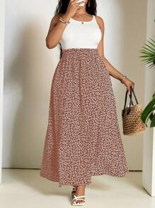 SHEIN PETITE CURVE Plus Size Summer Vacation Ditsy Floral Split Hem Maxi Skirt With High Slit, Summer Vacation Country Concert - Red - View 3