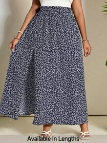 SHEIN PETITE CURVE 加大码碎花开叉下摆休闲裙高开衩长裙夏季度假乡村音乐会 - 藏蓝色 - 查看 4