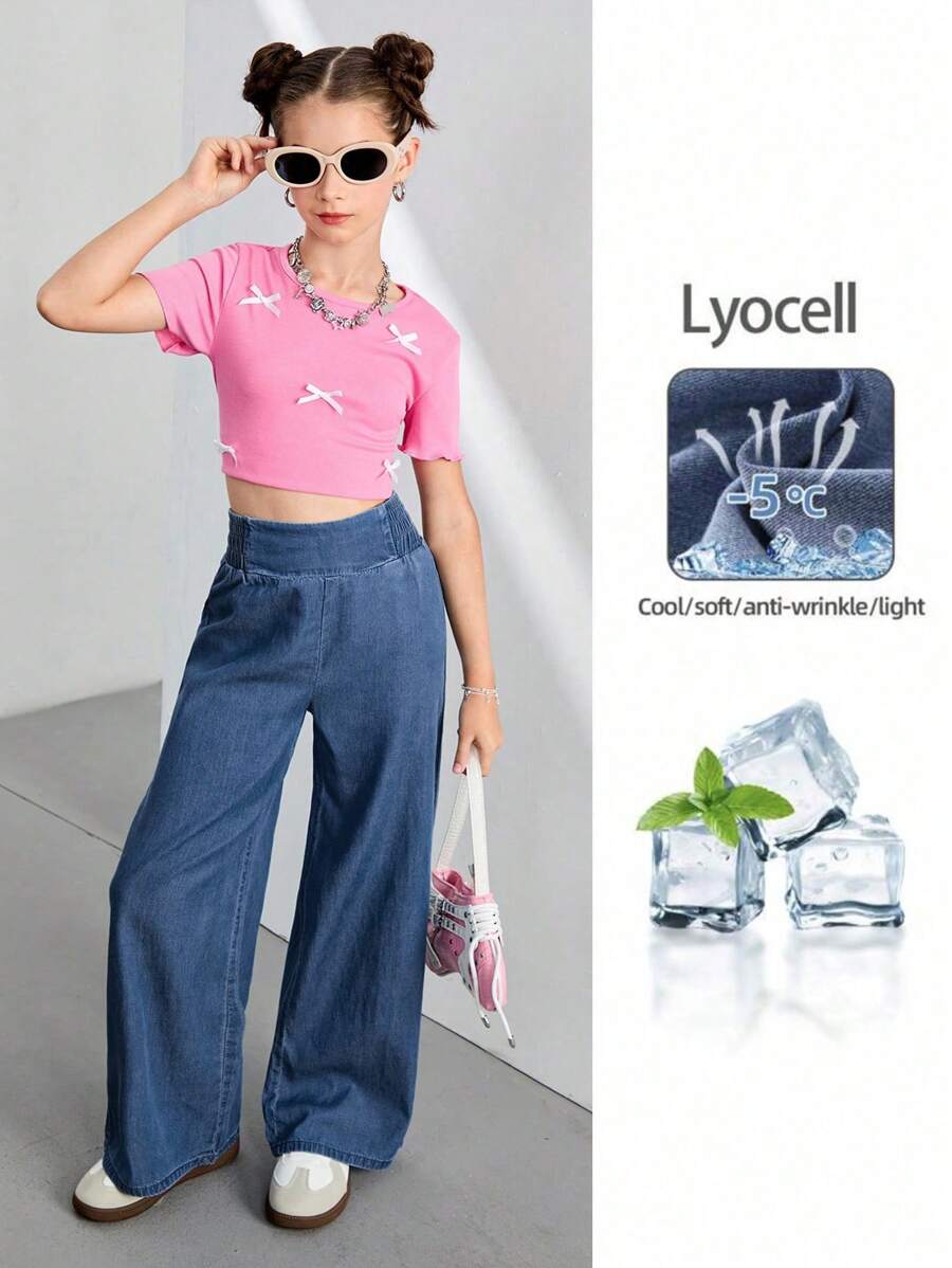 Sparklyn Tween Girls High Waist Wide Leg Blue Casual Jeans, Loose, Suitable For Vacation & Daily Casual Wear, Summer, Y2k Pants Girls, Girls Summer Outfits,Tops, School, Campus, College Summer Holiday Fall Winter - Dark Wash - View 1