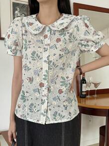 DAZY Floral Embroidery Peter Pan Collar Puff Sleeve Blouse
