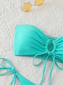 SHEIN Swim Damen Sommer Strand trägerloser ausgeschnittener vorne gebundener sexy grüner Bandeau Bikini-Bekleidungsset, bügellos - Babyblau - Übersicht 4