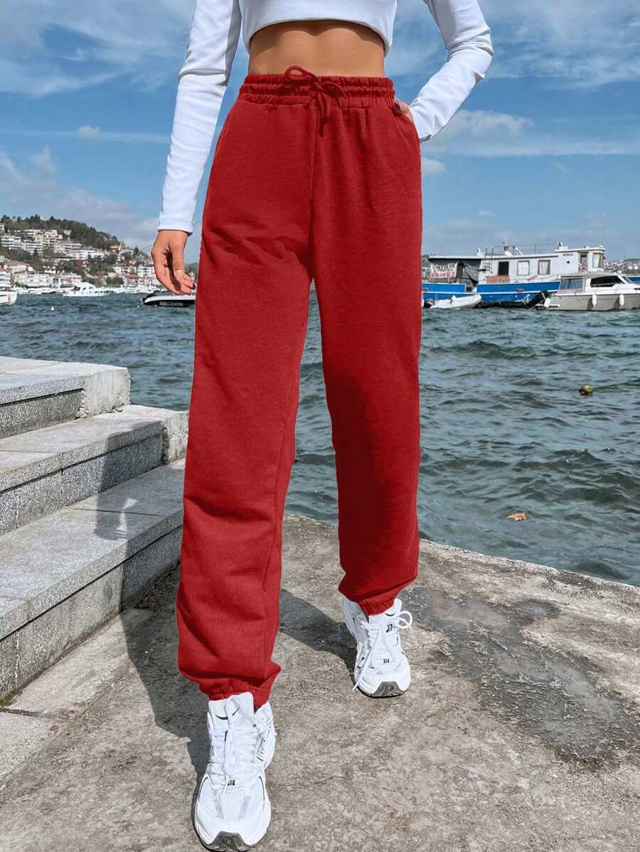 EURMUSE Women's Casual Loose Solid Color Drawstring Pocket Sweatpants - Red - View 1