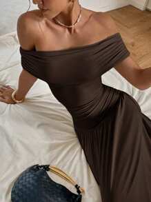 Siren Gaze 女士纯色褶裥露肩短袖长裙