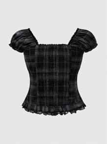 Goth Spring/Summer Carnival Party Casual Plaid Black Plus Size College Style Contrast Lace Ruffle Hem Blouson Sleeve Plaid Blouse - Multicolor - View 2