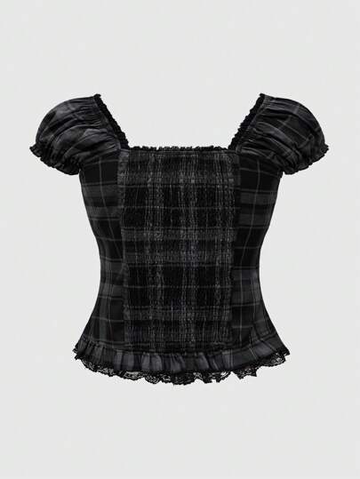 Goth Plus Size College Style Contrast Lace Ruffle Hem Blouson Sleeve Plaid Blouse