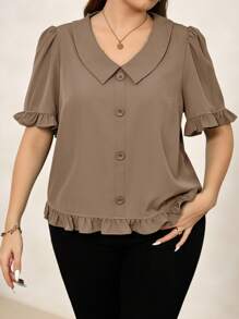 SHEIN Clasi Blusa de manga abullonada de unicolor informal/para trabajo en talla grande - Caqui - Ver 3