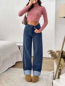 EURMUSE HIGH RISE STRAIGHT FOLDED UP HEM JEAN - Dark Wash - View 3