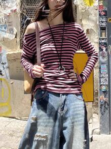 INAWLY Striped One Shoulder Long Sleeve T-Shirt, Asymmetrical Slim Fit Undershirt Fall Cloth For Women