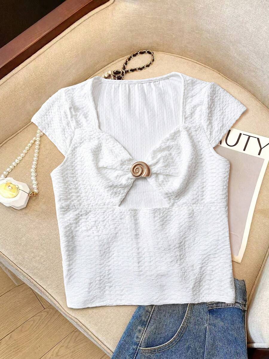SHEIN LUNE Áo thun dệt kim họa tiết tay bồng màu trơn thường ngày cho nữ cỡ lớn - trắng - Xem 1