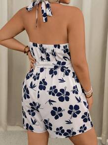 SHEIN VCAY Plus Size Color Contrast Printed Jumpsuit - Blue and White - View 2