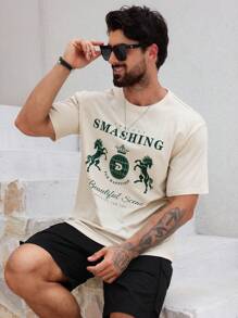 DAZY Camiseta de color crema con estampado de caballo y letras para hombres en verano