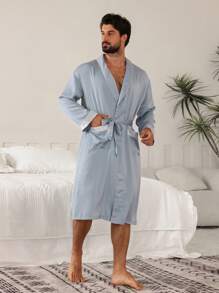 DAZY Men's Comfortable Drawstring Bathrobe, Blue, Spring/Summer Pajama