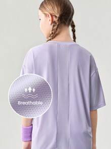 JNSQ T-shirt de sport professionnel pour extérieur pour préadolescentes retournant à l'école, t-shirt de sport ample à col rond pour enfants avec patchwork en maille et impression réfléchissante 3M