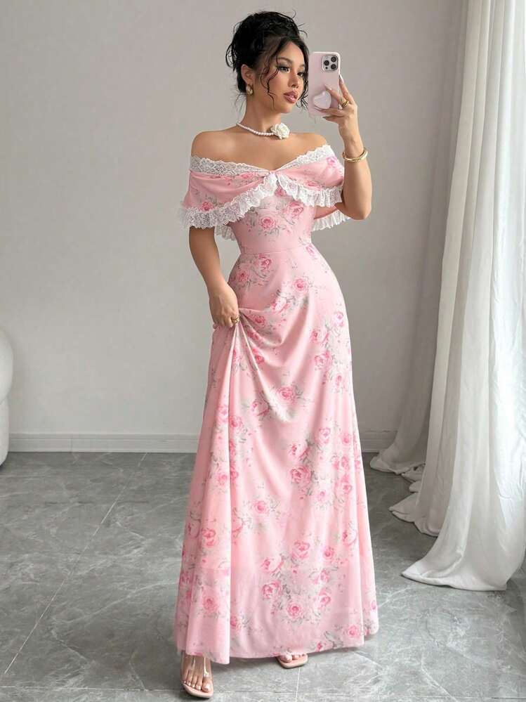 Rafferiza Petite Women Vintage Floral Print Lace Patchwork Off-Shoulder  Slim Fit Dress - Product Video