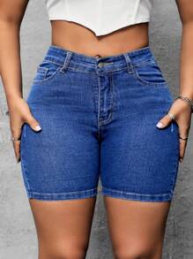SHEIN SXY Quần short jean lưng thun cho nữ cỡ lớn, dáng thường ngày, Xuân/Hè - Rửa trung bình - Xem 3