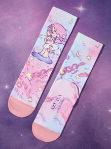 Pop Mart Azura X SHEIN 3 Pairs Cartoon Pattern Fashion Gradient Color Macaron Soft Breathable Sweat-Absorbing Women's Elastic Crew Socks, Printed Patterns Suitable For Spring, Summer, Autumn; Purple & Pink Bear Print Mid-Calf Socks, Rainbow Cloud Breathable Soft All-Season Socks For Women