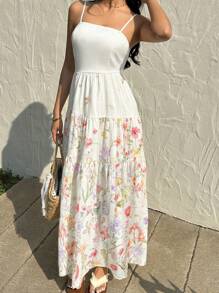 Vestido  de color albaricoque claro, con tela texturizada, top de tubo plisado, cintura ancha y holgada, con tirantes finos, estilo relajado para vacaciones. - Blanco - Ver 6