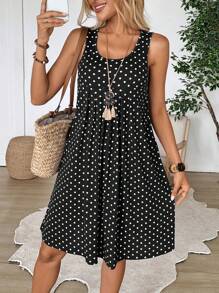 EMERY ROSE Women Polka Dot Print Sleeveless Mini Dress Vacation Dress - Black - View 6
