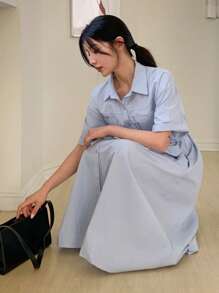 DAZY 女式领结腰短袖衬衫裙，中长款，返校服 - 藍色 - 查看 2