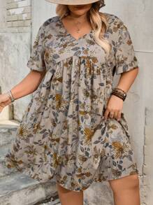 SHEIN CURVE+ Plus Size Floral Allover Print Casual Vacation Dress Summer/Country/Beach Vacation Outfits/Beach Outfits/Beach Wear,Dresses Casual