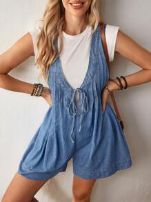EMERY ROSE Women's Summer Front Tie Pleated Denim Romper - Blue - View 1