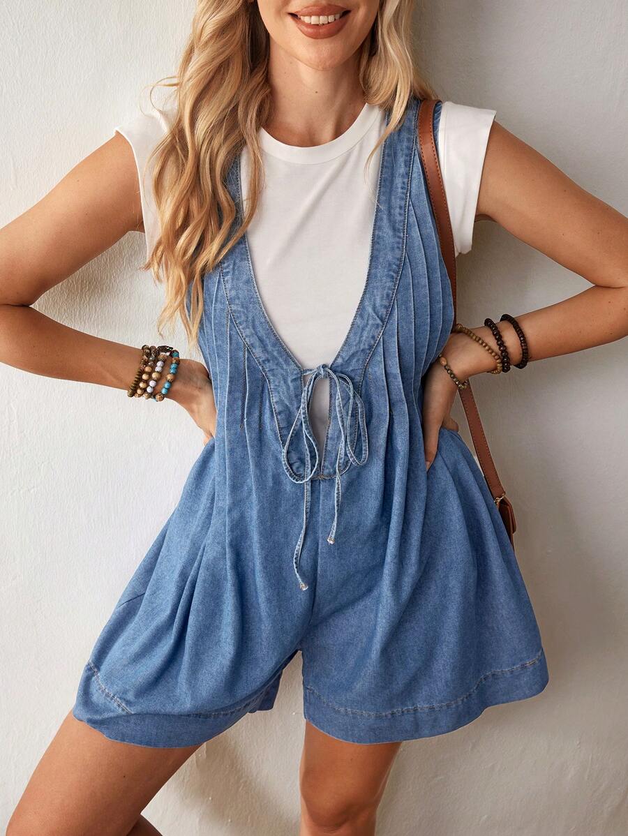 EMERY ROSE Women's Summer Front Tie Pleated Denim Romper - Blue - View 1