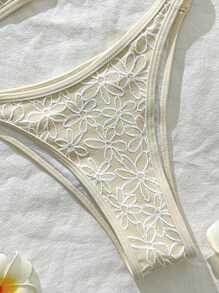 Swim Mod 2 件套女士提花面料细肩带高开叉性感比基尼套装，夏季 - 杏色 - 查看 4