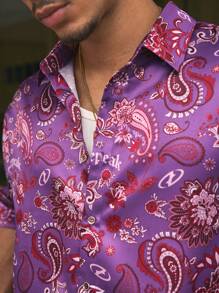 AXEPEAK Men's Paisley Print Button Front Casual Short Sleeve Shirt, Summer - Purple - View 4