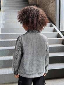 SHEIN Young Boy Letter Print Black Denim Lapel Long Sleeve Cardigan Jacket