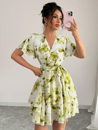 Rafferiza 印花V领荷叶边袖女装春季连衣裙