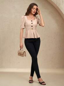 EMERY ROSE Women's Summer Square Collar Short Sleeve Shirt, Metal Button Decor, Split Hem Waist Design, Casual Fashion Elegant Blouse , Peplum Top - Khaki - View 6