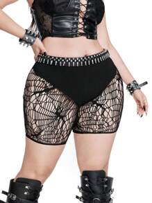 Whyspr 大码女式蜘蛛网镂空性感迷你短裤 - 黑色 - 查看 3