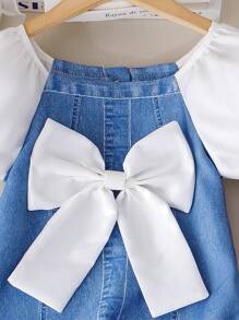 SHEIN Young Girl Elegant & Graceful Bowknot Decor White & Blue Mini Dress, Casual Vacation Dress For Outdoor & Beach Summer Holiday