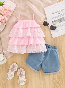 SHEIN Vintaside Kids 2pcs Baby Girls Camisole Top + Denim Shorts Set, Summer