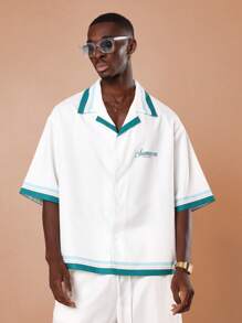 SUMWON Summer Beach Club Capri Italia Resort Wear Boxy Elbow Sleeve Coordinated Shirt Set Vacation Mediterranean Holiday Palm Print Weekender - White - View 3